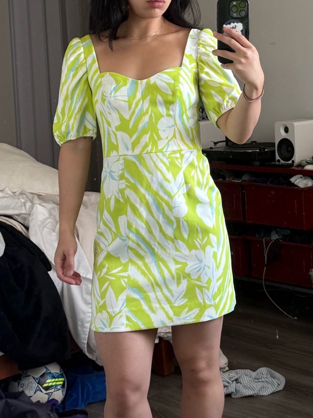 French Connection Lime Green Floral Puff-Sleeve Mini Dress - Picture 3 of 4